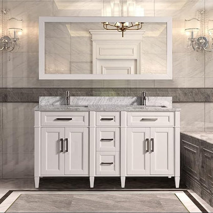 Vanity Art 60 Inch Double Sink Bathroom Vanity with Mirror | Carrara Marble Stone Top Storage Bathroom Organizer Cabinet with Dovetailed Drawer, Soft Closing Doors, Brushed Nickel Handles, VA2060-DW