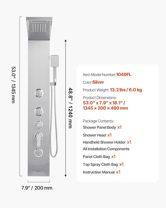 VEVOR Shower Panel Tower System with Rainfall Waterfall Shower Head, 53 in Brushed Stainless Steel Shower Column, 5-Function Faucet, Wall-Mount Rain Massage System with 3 Body Jet, Handheld, Tub Spout