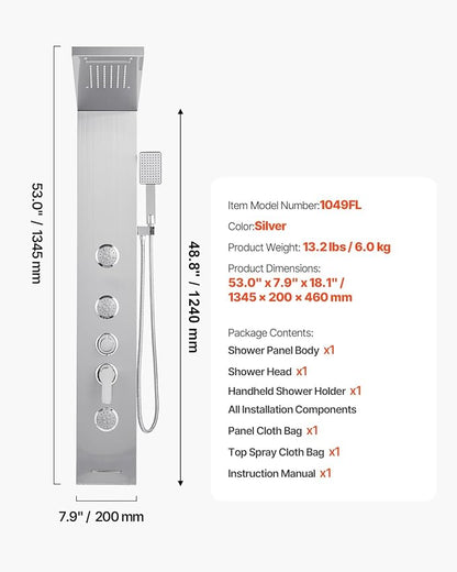 VEVOR Shower Panel Tower System with Rainfall Waterfall Shower Head, 53 in Brushed Stainless Steel Shower Column, 5-Function Faucet, Wall-Mount Rain Massage System with 3 Body Jet, Handheld, Tub Spout