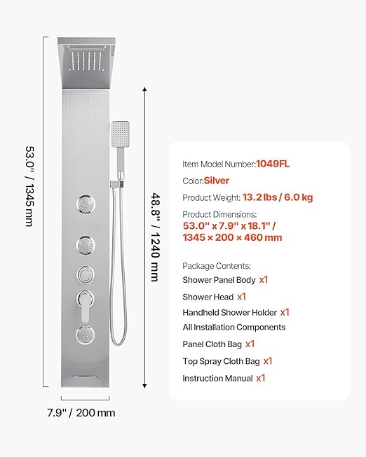 VEVOR Shower Panel Tower System with Rainfall Waterfall Shower Head, 53 in Brushed Stainless Steel Shower Column, 5-Function Faucet, Wall-Mount Rain Massage System with 3 Body Jet, Handheld, Tub Spout