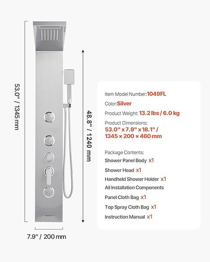 VEVOR Shower Panel Tower System with Rainfall Waterfall Shower Head, 53 in Brushed Stainless Steel Shower Column, 5-Function Faucet, Wall-Mount Rain Massage System with 3 Body Jet, Handheld, Tub Spout