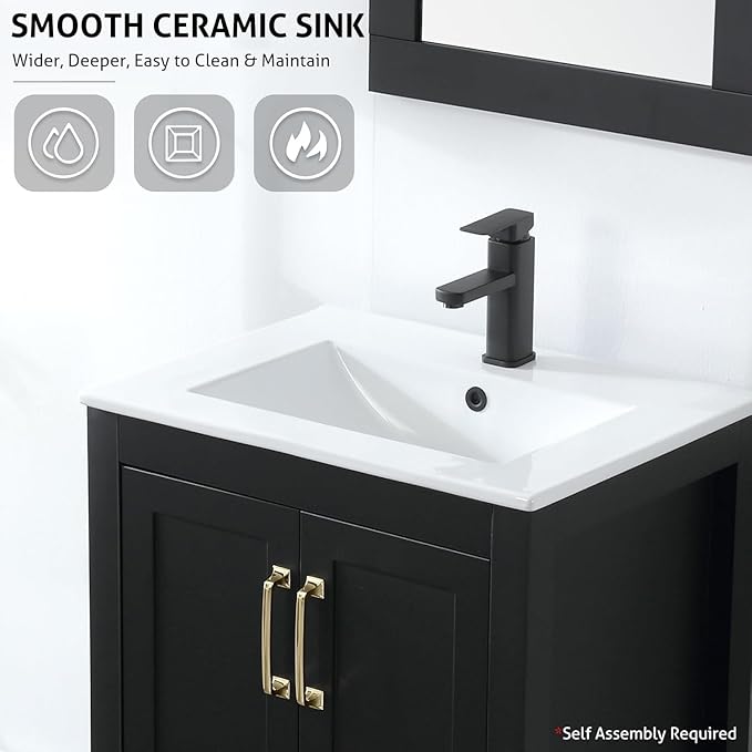 eclife 24" Bathroom Vanities with Sink Combo, Modern Thickened Wood Bathroom Storage Cabinet w/Undermount Sink, Matte Black Faucet Drain, Painted Surface, Black