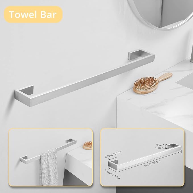 Fapully 23.6-Inch 6 Piece Bathroom Hardware Accessories Set Brushed Nickel | Stainless Steel Wall Mounted Include Towel Bar,Hand Towel Holder,Toilet Paper Holder,Robe Towel Hook,Coat Hook,Towel bar set