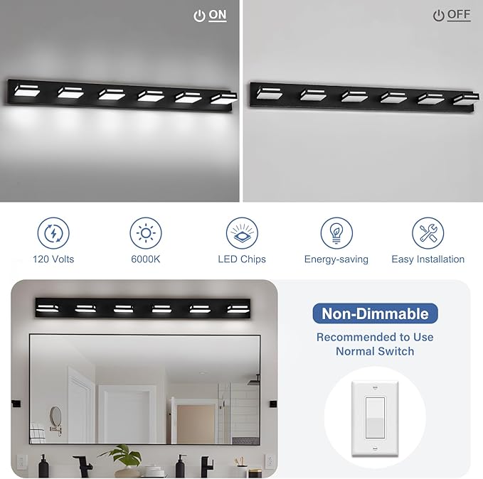 LED Modern Bathroom Light Fixtures, 6-Light 48-Inch Matte Black Vanity Lights for Bathroom Lighting Fixtures Over Mirror, 350° Rotatable Acrylic, 6000K Cool White Wall Lamp