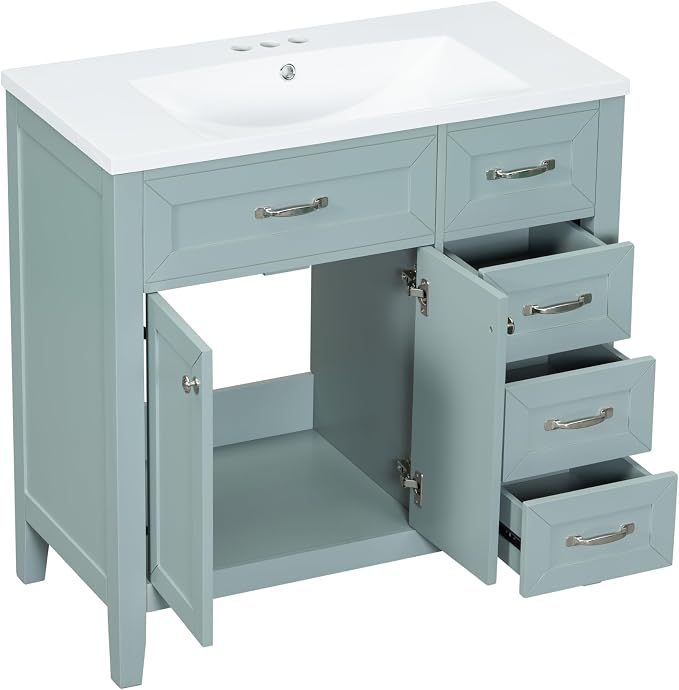 36 Inch Bathroom Vanities with Undermount Ceramic Sink, Storage Cabinet with Soft Closing Doors and Three Drawers, Solid Wood Frame, Green