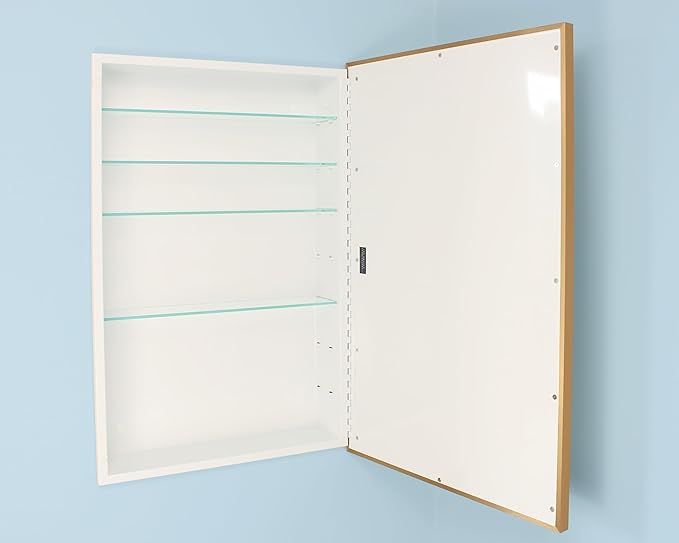 Fox Hollow Furnishings 20x30 Parker Metro Metal Framed Rectangle Recessed Bathroom Medicine Cabinet, Floating Mirror, 14x24 in-Wall Opening, Steel, Adjustable Glass Shelves, Magnet Close, Gold