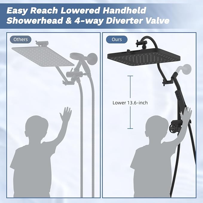 Hibbent 5-Mode 13" Rain Shower head, 4-Spray Handheld Shower, Matte Black | cUPC Certified High Pressure Showerhead Combo, All Metal 4-way Diverter Extension Arm & Handheld Spray, 71'' Hose & Holder