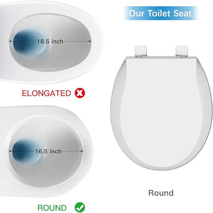 Durable Round Toilet Seat with Slow Soft Close - Easy to Install and Clean, Never Loosens - White, Fits Most Round Toilets