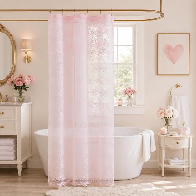 TUDECO Pink Lace 36 x 72 Shower Curtain with Attached Valance | for Narrow Bathroom, Vintage Floral, Sheer, Feminine Cute Decor, Soft Natural Light, Scalloped Edges, Reinforced Holes