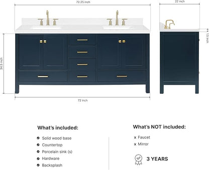 DKB Beckford 72 Inch Bathroom Vanity Double Sink — Midnight Blue Bathroom Vanity with Sink, 1.5" Edge Carrara White Quartz Countertop & Backsplash, 4 Soft-Close Doors, 6 Dovetail Drawers