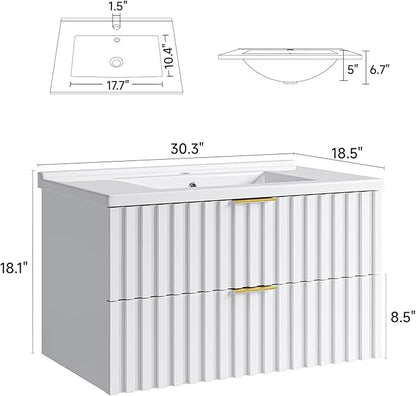 ONBRILL 30 Inch Bathroom Vanity with Sink Combo, Floating Bathroom Vanity with 2 Fluted Drawers & Metal Handle, Modern Wall Mount Storage Cabinet with Ceramic Integrated Sink for Small Space (White)