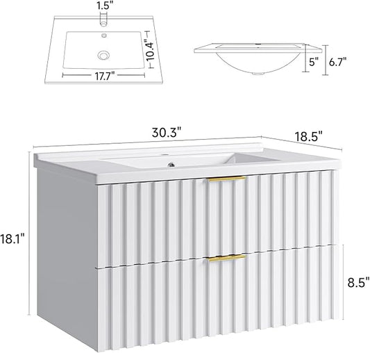 ONBRILL 30 Inch Bathroom Vanity with Sink Combo, Floating Bathroom Vanity with 2 Fluted Drawers & Metal Handle, Modern Wall Mount Storage Cabinet with Ceramic Integrated Sink for Small Space (White)