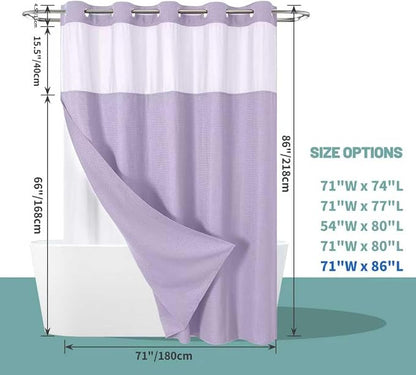 eachope No Hook Long Waffle Shower Curtain, Snap-in Liner,71x86 in,Lavender | 230 GSM waffle weave fabric, waterproof liner set with 2 bottom magnets, mesh top window, washable, for bathroom or hotel use
