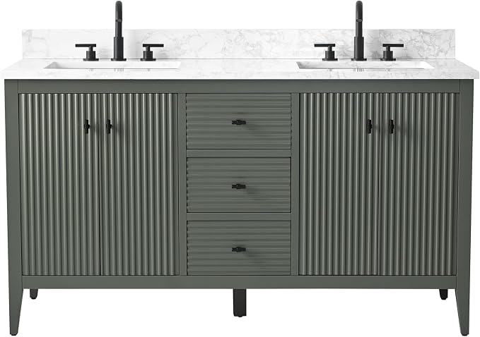 Vanity Art 60 inch Bathroom Vanity with Double Sink & Ceramic Top, Vanity Cabinet with Soft-Closing Door, Solid Wood Frame, Linear Pattern, Vintage Green, VA9160-DVG-MB,Matte Black Handles