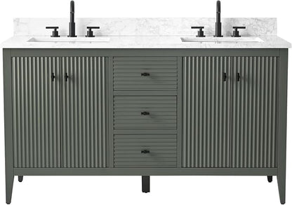 Vanity Art 60 inch Bathroom Vanity with Double Sink & Ceramic Top, Vanity Cabinet with Soft-Closing Door, Solid Wood Frame, Linear Pattern, Vintage Green, VA9160-DVG-MB,Matte Black Handles