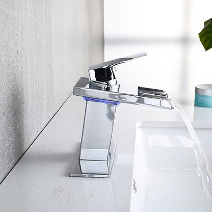 LED Bathroom Sink Faucet, Chrome Waterfall Single Hole Handle Vanity Faucets for Sinks 1 Hole with Metal Pop Up Drain and 2 Water Supply Lines, Stainless Steel Spout