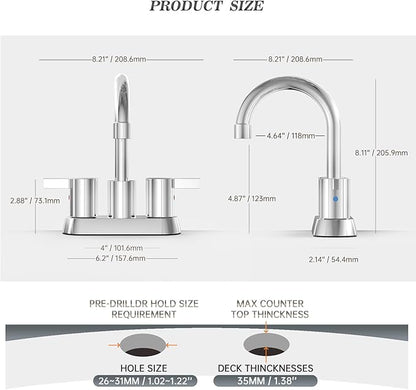 Phiestina 4 Inch Centerset 2 or 3 Holes 2 Handle Chrome Lead-Free Bathroom Faucet, Swivel Spout with Copper Pop Up Drain and 2 Water Supply Lines, BF015-1-C
