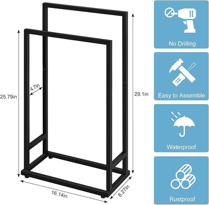 Towel Racks for Bathroom, 2 Tier Standing Stainless Steel Towel Racks Stand for Bathroom, Hand Towel Drying Rack Holder, Towel Bar Stand Blanket Rack, Black