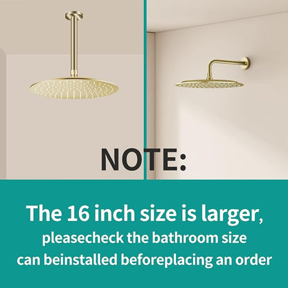 All Metal Rain Shower Head - Heavy Duty Stainless Steel, Easy Install, High Water Flow, Ultra-Thin Modern Design for Bathroom (F-Brushed Gold, 16)