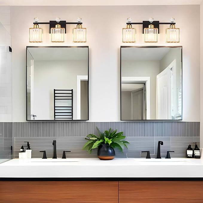 Lxybcce Bathroom Vanity Lights Over Mirror - Easy Installation with Clear Guide, 3-Light Shadow-Free Design, Black and Gold Crystal Finish - for Modern Home Bathroom Lighting Fixtures in DIY Projects