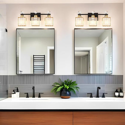 Lxybcce Bathroom Vanity Lights Over Mirror - Easy Installation with Clear Guide, 3-Light Shadow-Free Design, Black and Gold Crystal Finish - for Modern Home Bathroom Lighting Fixtures in DIY Projects