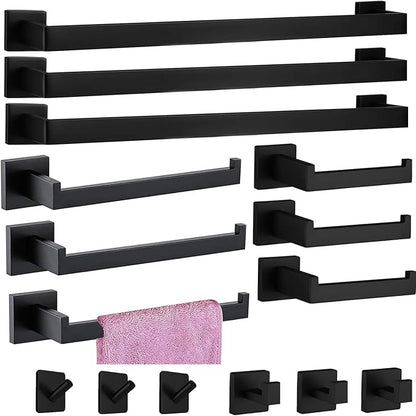15-Pieces Matte Black Bathroom Accessories Set, Stainless Steel Bathroom Hardware Set, Towel Racks for Bathroom Wall Mounted 24 Inch Bath Towel Bar Set.