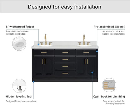 ARIEL Hepburn 66-inch Bathroom Vanity with Sink,Solid Wood, 1.5-inch Carrara White Quartz Countertop & Backsplash, Double Oval Porcelain Sink, 4 Soft Closing Doors, 6 Dovetail Drawers, Black