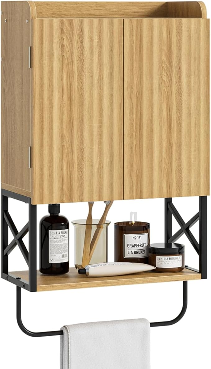 Masupu Bathroom Cabinet Wall Mounted, Wooden Medicine Cupboard with Adjustable Shelves, Space-Saving Wall Storage Unit for Bathroom, Kitchen and Living Room (9" D x 15.35" W x 27.16" H,Modern Oak)