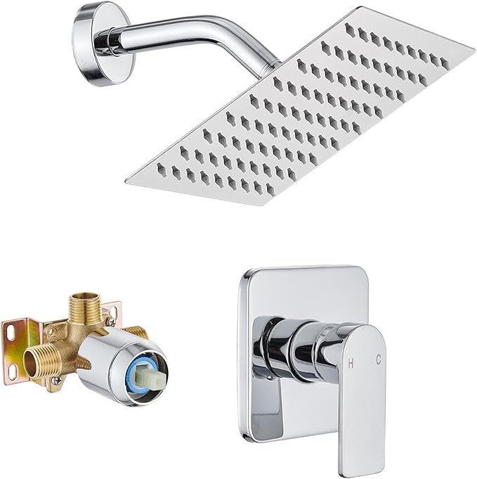 Shower Faucet Single Function Trim Kit with Rough-in Valve Set Bath Rainfall Shower System 8inch Square Stainless Steel Metal Shower Head Polished Chrome
