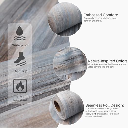 Wood Grain Peel and Stick Floor Tiles 11.8"x118" Hazy Blue | Realistic Wood Grain Finish, Slip‑Resistant Texture, Low‑Repeat Grain Design, Continuous Roll Pattern Flow, Waterproof