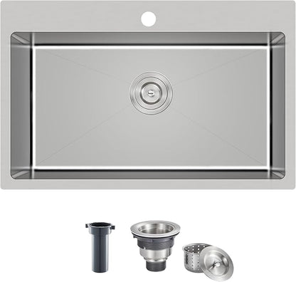 30"x18" Drop-In Single Bowl Sink 304 Stainless Steel 1-Hole | 30 inch Drop in Kitchen Sink | 304 SS Handmade | Topmount | 9" Deep Bowl | Family Kitchen/Prep | Large Capacity