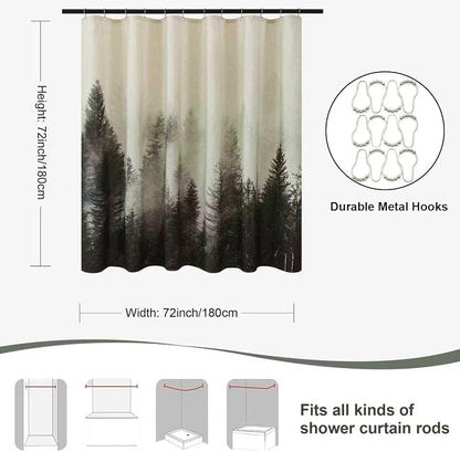 ORTIGIA Green Misty Forest Linen Shower Curtain Nature Mountain Tree Woodland Shower Curtain Set for Bathroom Heavy Blend Fabric Curtains with 12 Metal Hooks 72x72 Inch