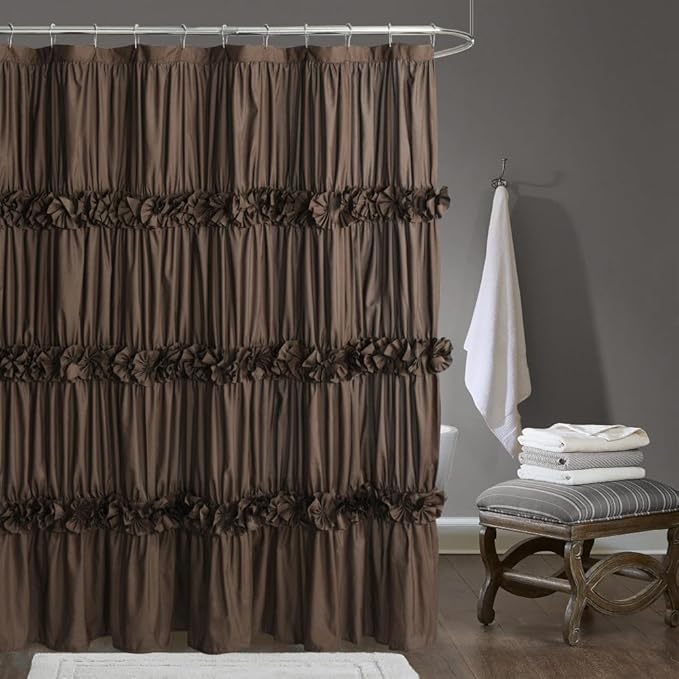 Homechoice Decor Victorian Chocolate Ruffle Shower Curtain 72" W x 72" H | Vintage Handcrafted Bow Tie Bath Curtain for Master Bathroom, Ruched Microfiber Bathroom Curtain with 12 Buttonholes (LQ-10)
