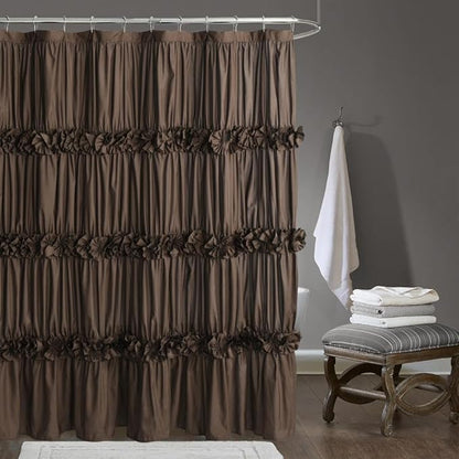 Homechoice Decor Victorian Chocolate Ruffle Shower Curtain 72" W x 72" H | Vintage Handcrafted Bow Tie Bath Curtain for Master Bathroom, Ruched Microfiber Bathroom Curtain with 12 Buttonholes (LQ-10)
