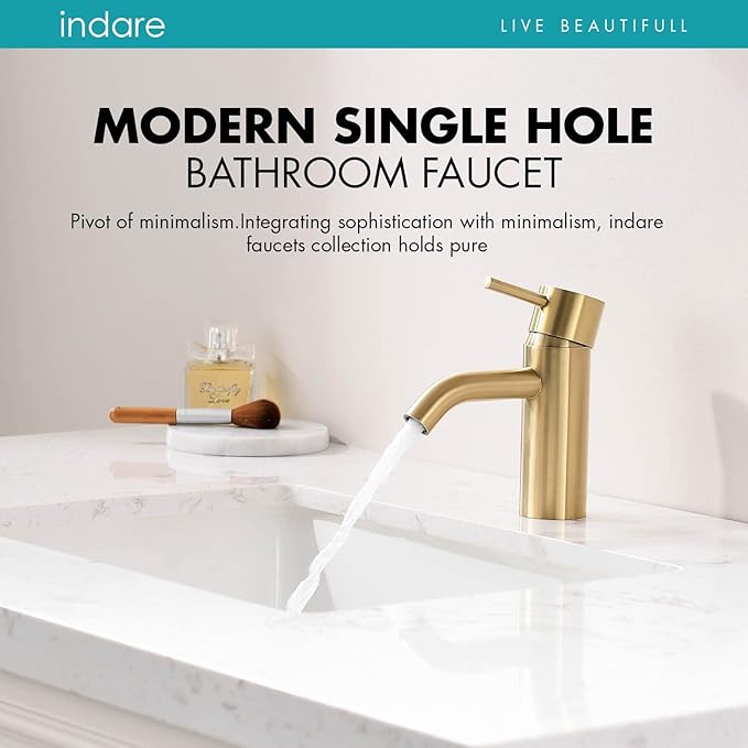 Brushed Gold Bathroom Faucet, Single Hole Bathroom Sink Faucet Modern Single Handle Vanity Faucet with Pop-up Drain and Supply Lines,100102-BG