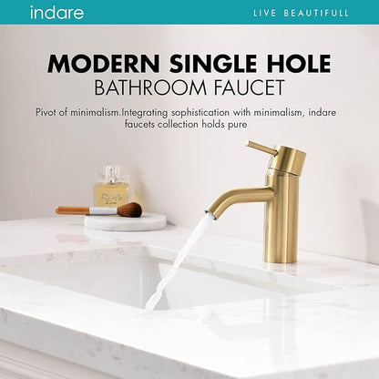 Brushed Gold Bathroom Faucet, Single Hole Bathroom Sink Faucet Modern Single Handle Vanity Faucet with Pop-up Drain and Supply Lines,100102-BG