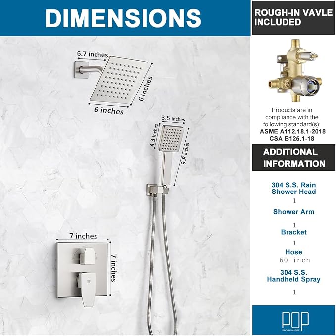 Shower Faucet Set Brushed Nickel 6 Inch Thickened Shower Head and Handle Set Shower System Wall Mounted Shower Fixture Include Shower Valve and Trim Kit