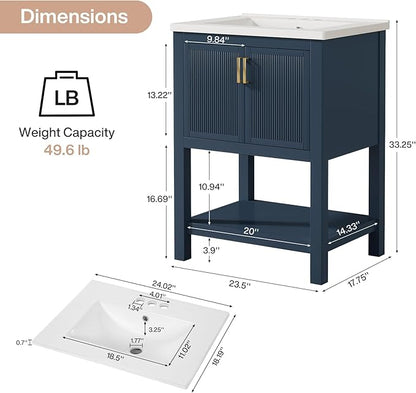 Tribesigns 24" Modern Bathroom Vanity with Sink, Solid Wooden Frame Freestanding Bathroom Vanities Cabinet Combo, Bathroom Sink Cabinet with 2 Doors and 1 Drawer, Navy Blue