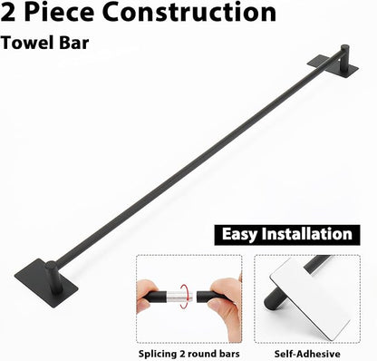 NearMoon Self Adhesive Bathroom Towel Bar- Stainless Steel Bath Wall Shelf Rack Hanging Towel Stick On Sticky Hanger Contemporary Style, NO Drilling (1 Pack, Matte Black, 27-Inch Towel Rack)
