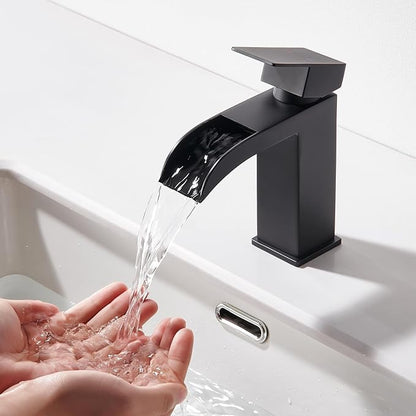 Faustina Black Waterfall Bathroom Faucet 1 Hole Single Handle,Wide Open Spout Waterfall Bathroom Faucet with Pop Up Drain,Stainless Steel Utility Sink Faucet Bathroom Vanity Faucet Basin Mixer Tap