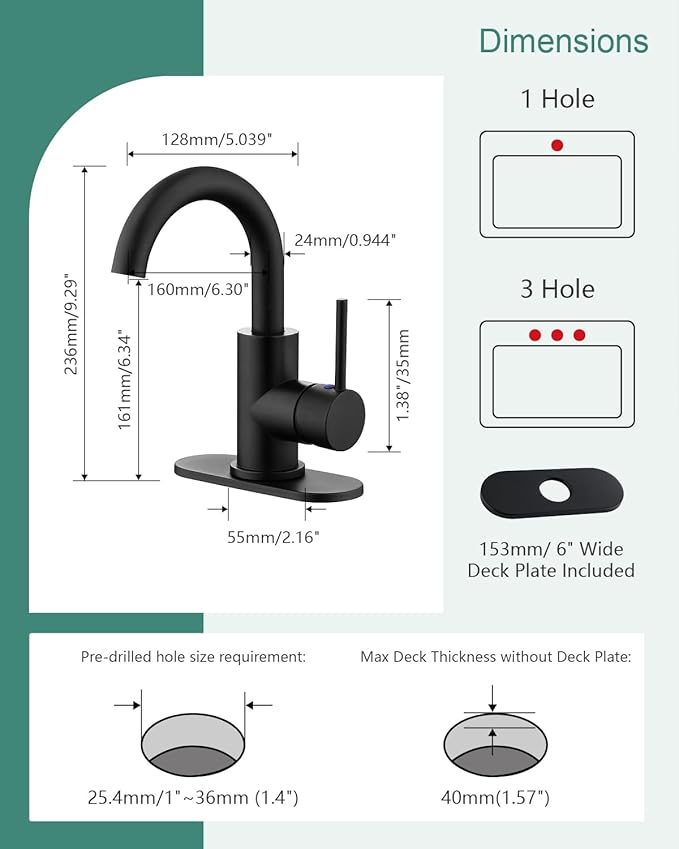 RKF Single-Handle Bathroom Sink Faucet, Swivel Spout, with Pop-up Drain with Overflow and Supply Hose,Bar Sink Faucet,Small Kitchen Faucet Tap,Matte Black,BF3501P-MB