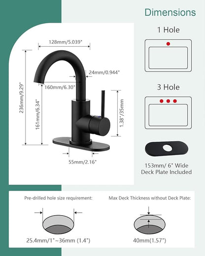 RKF Single-Handle Bathroom Sink Faucet, Swivel Spout, with Pop-up Drain with Overflow and Supply Hose,Bar Sink Faucet,Small Kitchen Faucet Tap,Matte Black,BF3501P-MB