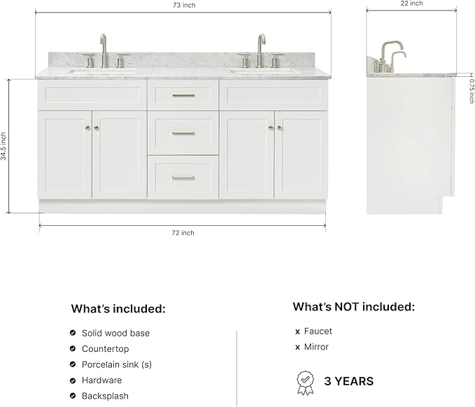 ARIEL Hamlet 72-inch Bathroom Vanity with Sink,Solid Wood, 0.75-inch Italian Carrara Marble Countertop & Backsplash, Double Oval Sink, 4 Soft Closing Doors, 3 Dovetail Drawers, White
