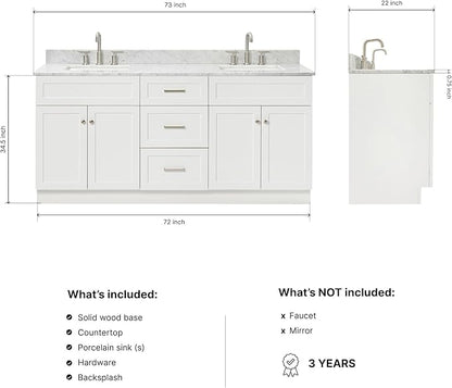 ARIEL Hamlet 72-inch Bathroom Vanity with Sink,Solid Wood, 0.75-inch Italian Carrara Marble Countertop & Backsplash, Double Oval Sink, 4 Soft Closing Doors, 3 Dovetail Drawers, White