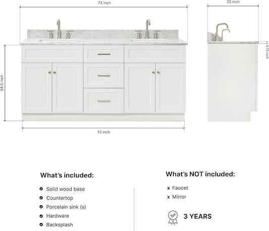 ARIEL Hamlet 72-inch Bathroom Vanity with Sink,Solid Wood, 0.75-inch Italian Carrara Marble Countertop & Backsplash, Double Oval Sink, 4 Soft Closing Doors, 3 Dovetail Drawers, White