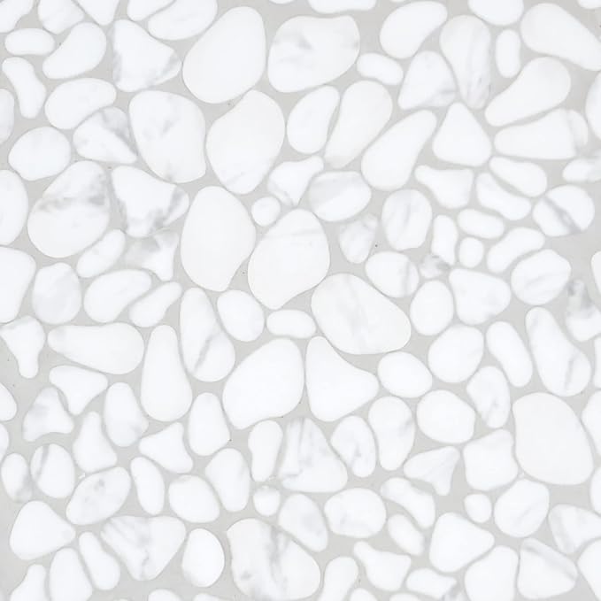 SUNWINGS 10-Sheet Pebble Tile for Shower Floor Border Kitchen Bathroom Backsplash, Carrara White Recycled Glass Marble Stone Looks Wall and Floor Tile, Covers 7.9 Sq. Ft