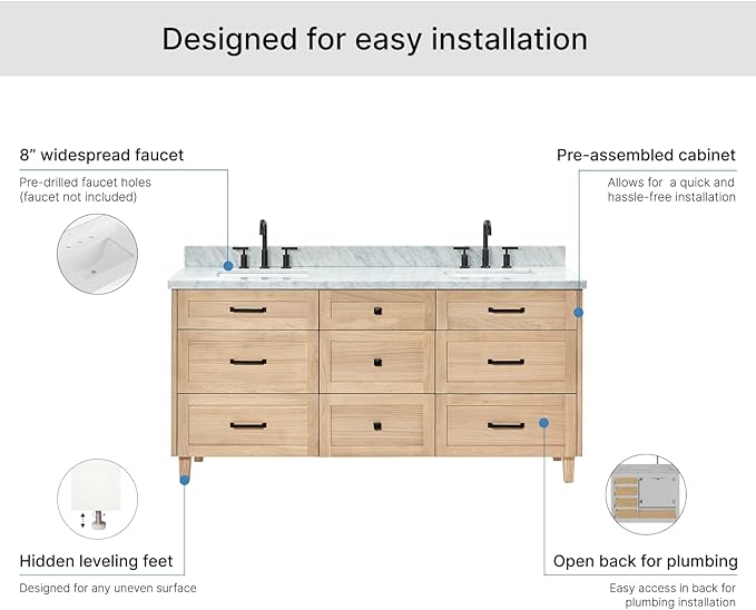 ARIEL Monroe 72-inch Bathroom Vanity with Sink,Solid Wood, 1.5-inch Italian Carrara Marble Countertop & Backsplash, Double Oval Porcelain Sink, 9 Dovetail Drawers, Matte Black, White Oak