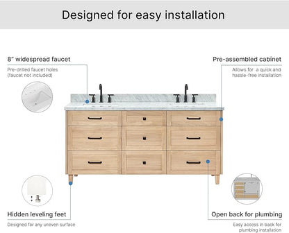 ARIEL Monroe 72-inch Bathroom Vanity with Sink,Solid Wood, 1.5-inch Italian Carrara Marble Countertop & Backsplash, Double Oval Porcelain Sink, 9 Dovetail Drawers, Matte Black, White Oak