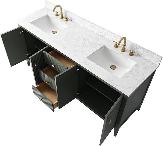 HOMEBEYOND 72" Bathroom Vanity with Double Sink, Solid Wood Bathroom Vanity Free-Standing Cabinet, Ceramic Top & Soft Closing Door, Golden Brushed Handware, Vintage Green