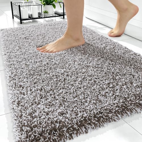 OLANLY Microfiber Bathroom Rugs 34x21, Quick Dry Bath Mat, Brown and White